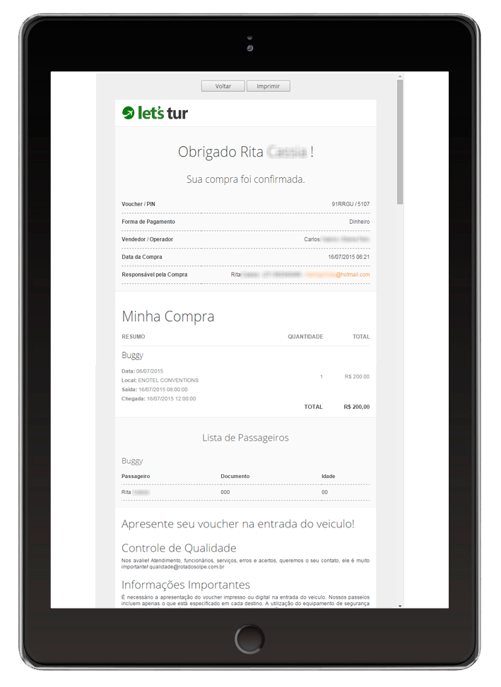 Tela de Voucher do sistema LetsTur